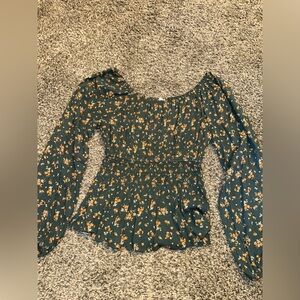 Hem & Thread Dark Green Floral Smocked Peasant Blouse